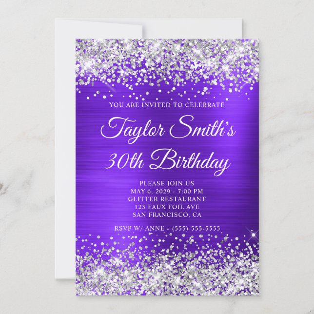 Invitación Cumpleaños 30 Violetas Monograma con Brillo de Pla (Anverso)