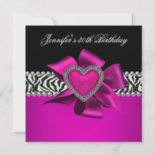 Invitación Cumpleaños 30 Zebra Hot Pink Fiesta Negro