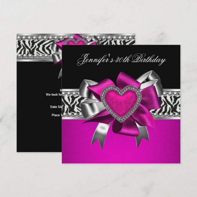 Invitación Cumpleaños 30 Zebra Hot Pink Negro (Anverso / Reverso)