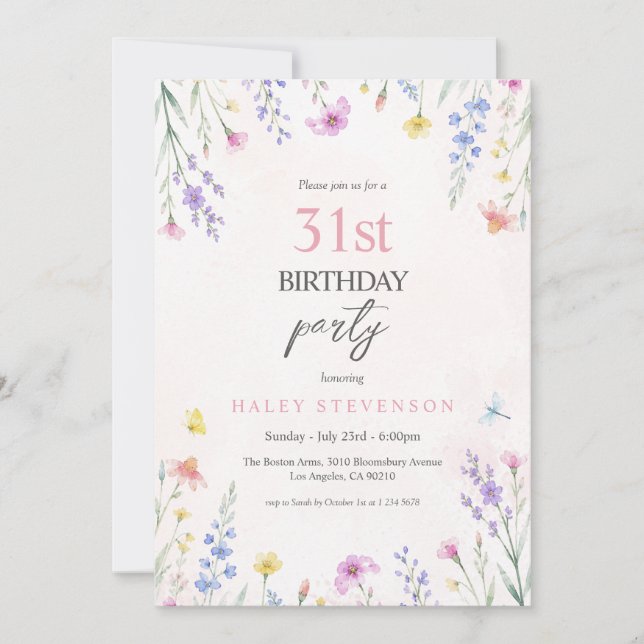Invitación Cumpleaños 31 con Acuarela de Flor Silvestre Paste (Anverso)