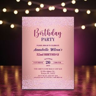 Invitación Cumpleaños 32 Elegante Rosa Brillo Metálico Rosa