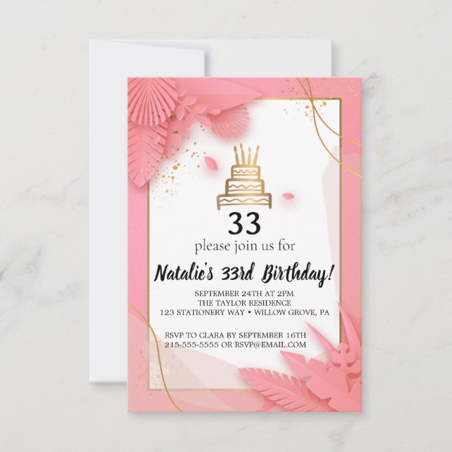 Invitación cumpleaños 33 blanco y rosa (Anverso)