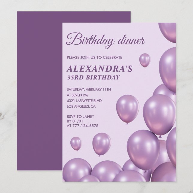 invitación cumpleaños 33 Cumpleaños cena Púrpura (Anverso / Reverso)