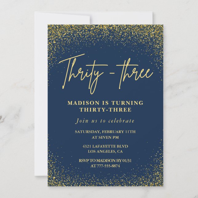 invitación cumpleaños 33 dorado azul brillo (Anverso)