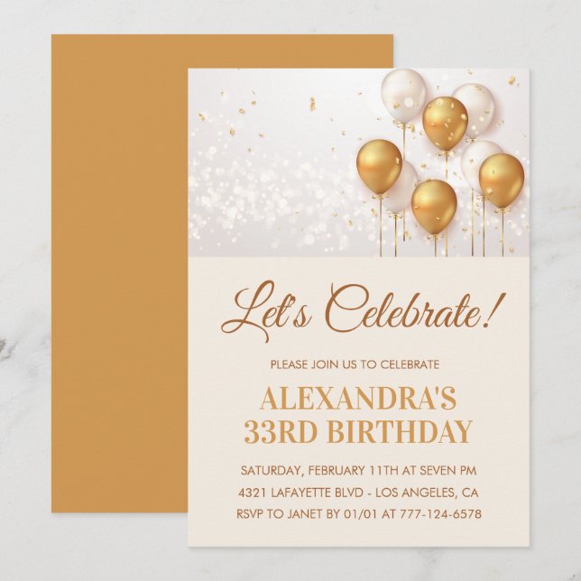 invitación cumpleaños 33 globos Dorado (Anverso / Reverso)