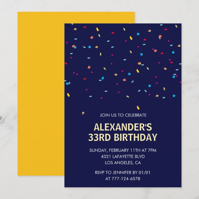invitación cumpleaños 33 hombres confeti Moderno (Anverso / Reverso)