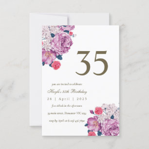 Invitación Cumpleaños 35 Botánico Floral Púrpura Simple Chic