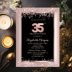 Invitación Cumpleaños 35 Chic Rosa Dorado Brillante Purpurina