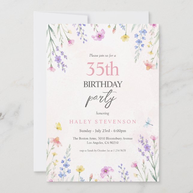 Invitación Cumpleaños 35 con flores silvestres en acuarela pa (Anverso)