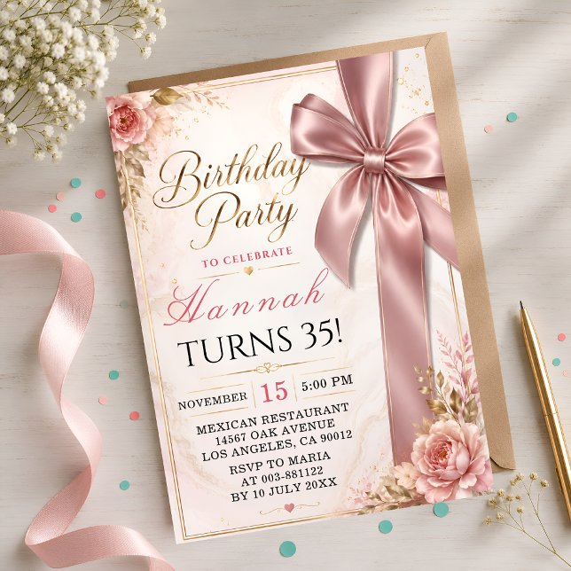 Invitación Cumpleaños 35 con lazo rosa elegante (Subido por el creador)