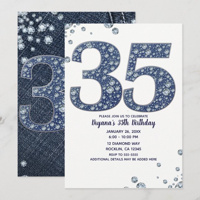 Invitación Cumpleaños 35 Denim & Diamonds Brillo Brillante 35 (Anverso / Reverso)