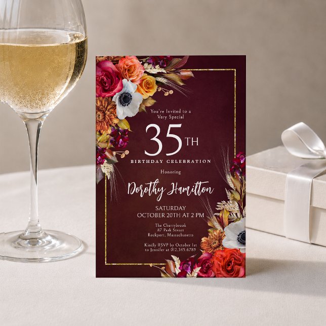 Invitación Cumpleaños 35 Elegante Escritura Flores de Otoño d (Subido por el creador)