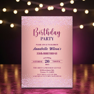 Invitación Cumpleaños 35 elegante rosa brillo metálico rosa