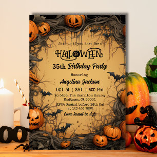 Invitación Cumpleaños 35 Halloween Calabaza Vintage Espeluzna