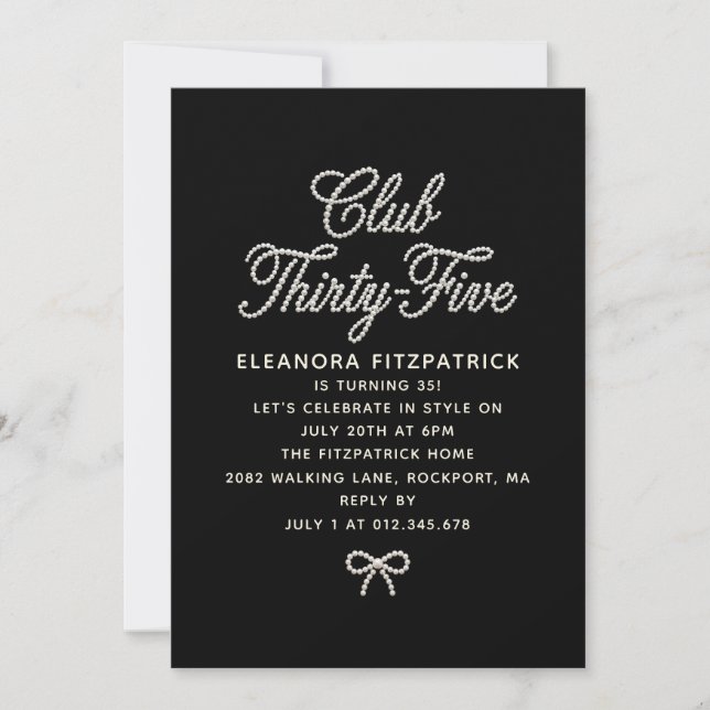 Invitación Cumpleaños 35 negro blanco perla guión lazo (Anverso)