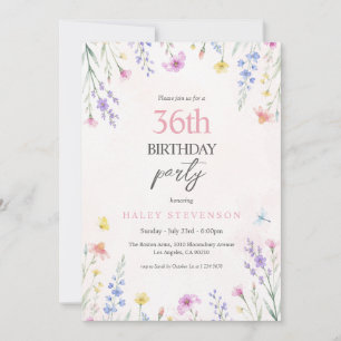 Invitación Cumpleaños 36 con flores silvestres en acuarela pa