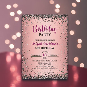 Invitación Cumpleaños 37 Elegante con Brillo Metálico Rosa Ne