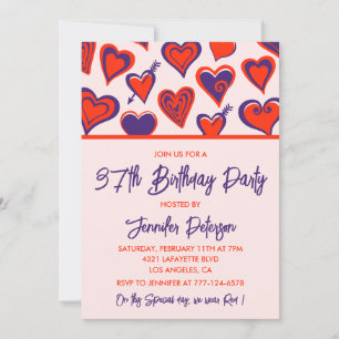 Invitación Cumpleaños 37 Moderno Glam Rosado Corazón Rojo