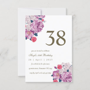 Invitación Cumpleaños 38 Botánico Floral Púrpura Simple Chic