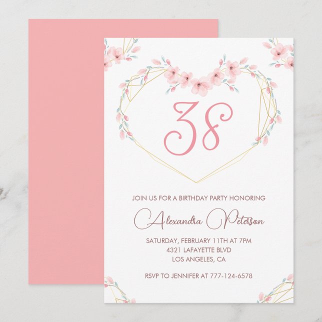 Invitación Cumpleaños 38 Pink Watercolor Floral Boho (Anverso / Reverso)