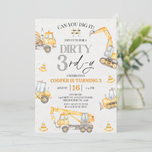 Invitación Cumpleaños 3 años Niño Amarillo Gris Construcción