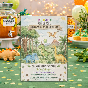 Invitación Cumpleaños 3 años Volcán Dinosaurios Acuarela