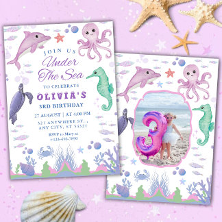 Invitación Cumpleaños 3 Bajo el Mar Animales del Océano Adora