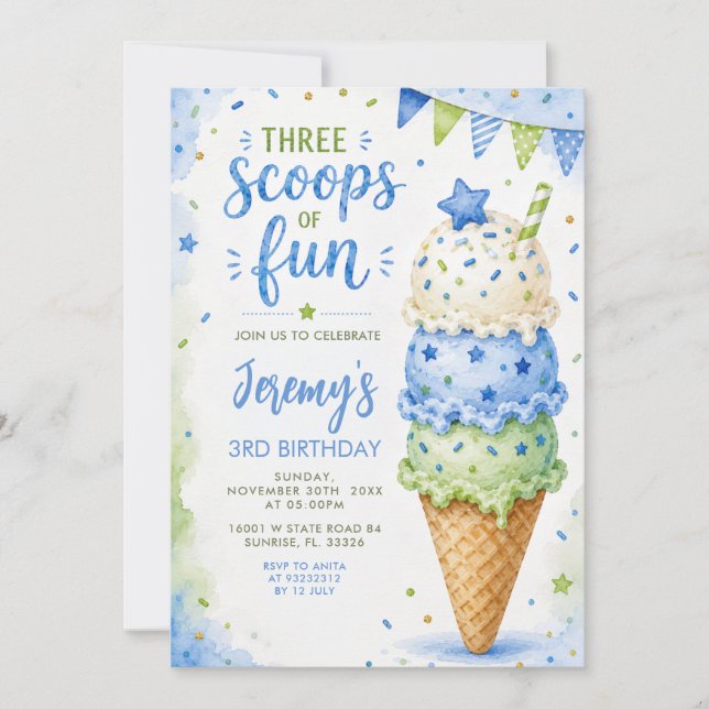 Invitación Cumpleaños 3 Blue & Green Three Scoops Of Fun (Anverso)