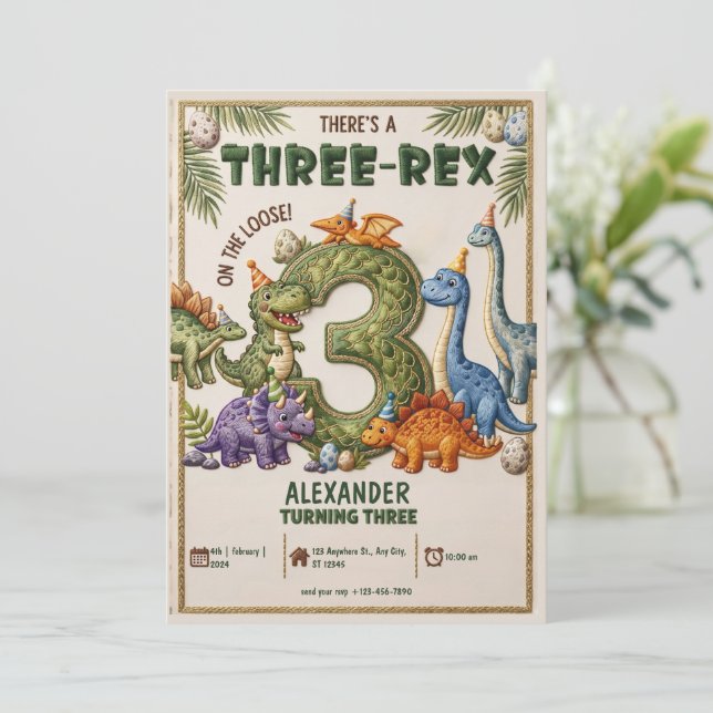 Invitación Cumpleaños 3 de Dinosaurio Fiesta de Tres Rex Cump (Anverso de pie)