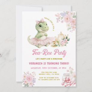 Invitación Cumpleaños 3 de Dinosaurio T-Rex Floral Rosa