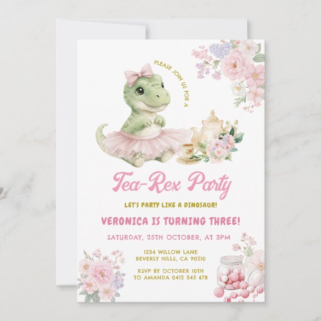 Invitación Cumpleaños 3 de Dinosaurio T-Rex Floral Rosa (Anverso)