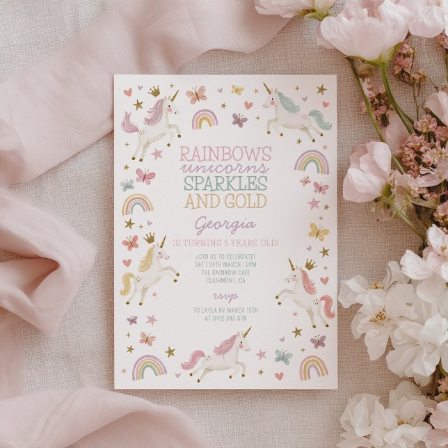 Invitación Cumpleaños 3 de las chicas del oro de la chispa de (Rainbows unicorns sparkles and gold! Georgia is turning 3 years old! )