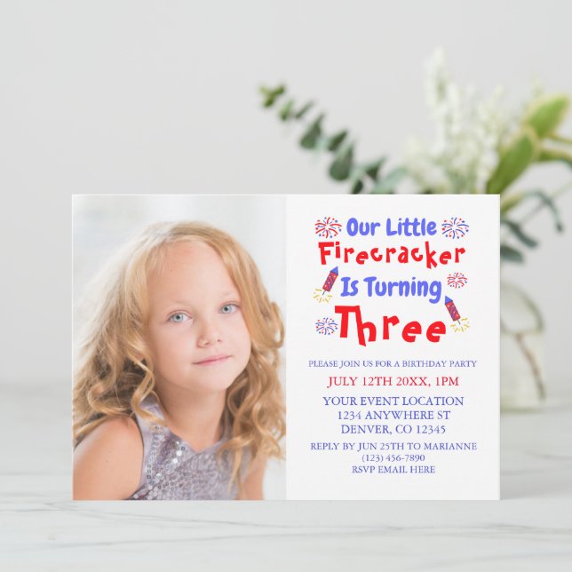 Invitación Cumpleaños 3 de Little Firecracker (Anverso de pie)