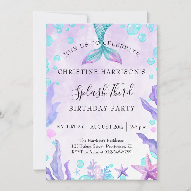 Invitación Cumpleaños 3 de Mermaid Splash  (Anverso)