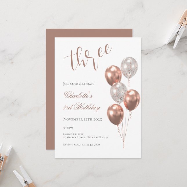 Invitación Cumpleaños 3 de niña, con globos beige (Anverso/Reverso In Situ)