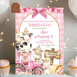 Invitación Cumpleaños 3 de niña de animales de granja con gin
