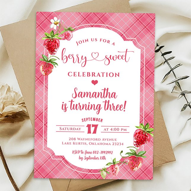 Invitación Cumpleaños 3 de niña dulce de cuadros rosas y fres (Subido por el creador)