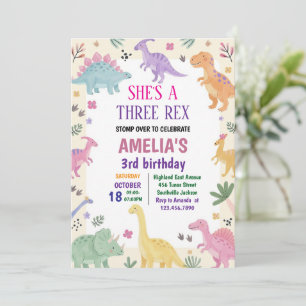 Invitación Cumpleaños 3 de niña tres rex dinosaurio