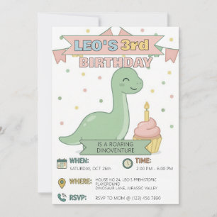 Invitación Cumpleaños 3 de niño con dinosaurio lindo