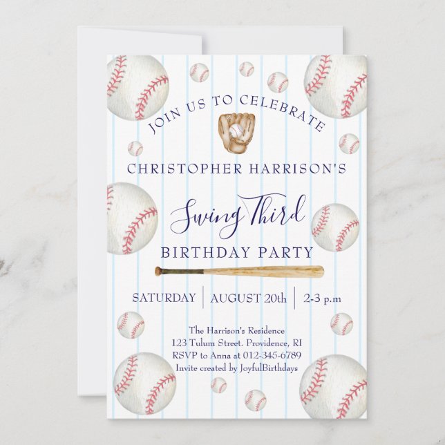 Invitación Cumpleaños 3 de Niño Deporte Béisbol (Anverso)