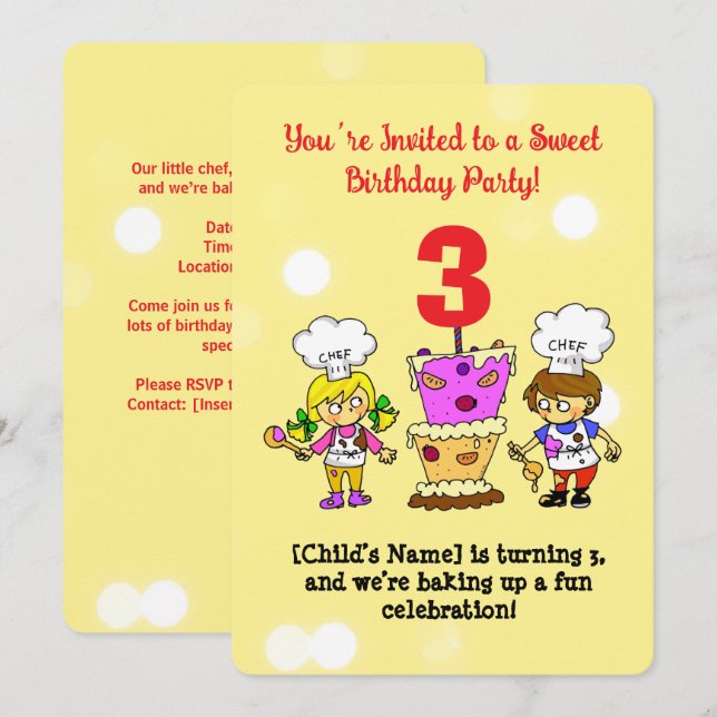 Invitación Cumpleaños 3 de Pequeño Chef Infantil Fiesta de Re (Anverso / Reverso)