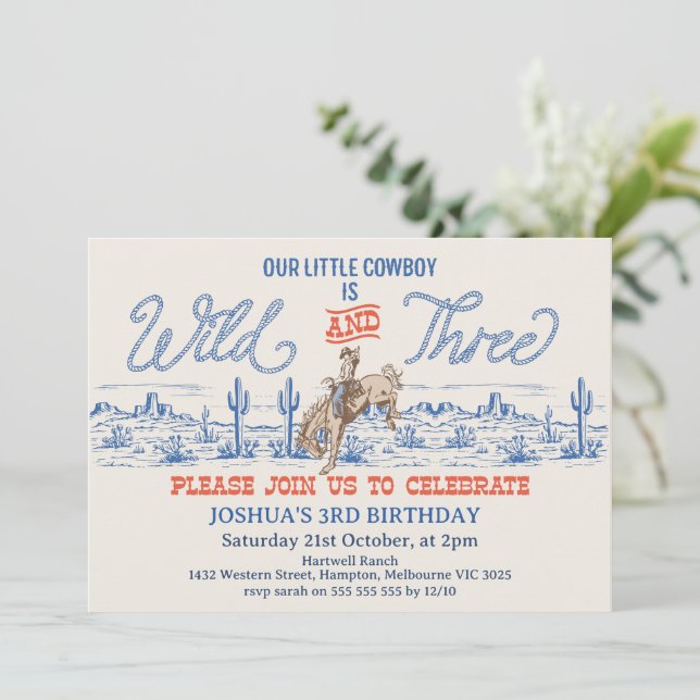 Invitación Cumpleaños 3 de Rodeo Salvaje Cowby Blue  (Anverso de pie)