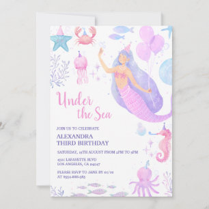 Invitación Cumpleaños 3 de Sirena Bajo el Mar Pastel