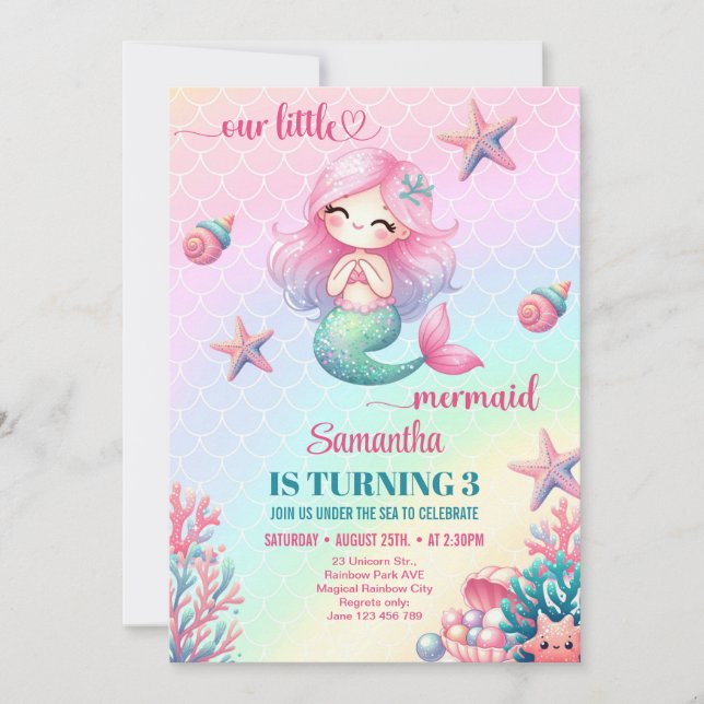 Invitación Cumpleaños 3 de sirena rosa morada linda (Anverso)