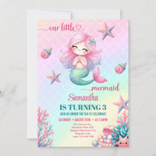 Invitación Cumpleaños 3 de sirena rosa morada linda