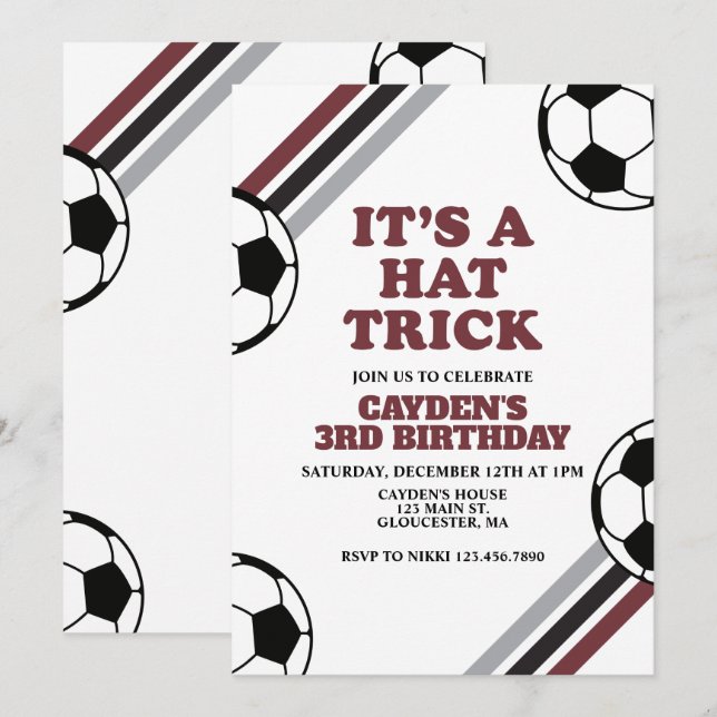 Invitación Cumpleaños 3 de Soccer Hat Trick (Anverso / Reverso)