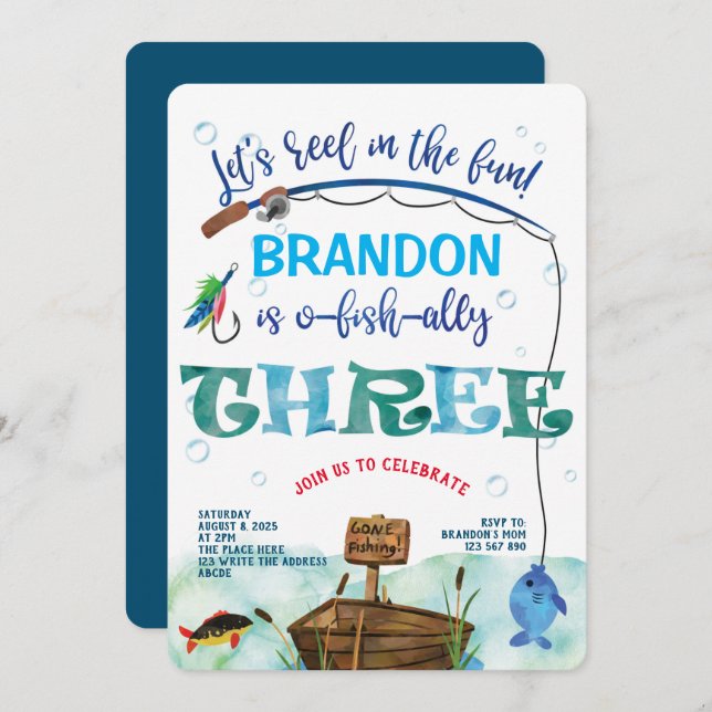 Invitación Cumpleaños 3 pequeño pescador, se fue a pescar (Anverso / Reverso)