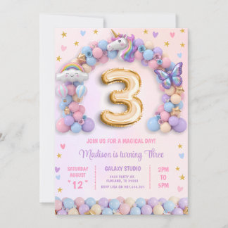 Invitación Cumpleaños 3 Unicornio Arcoíris Pastel