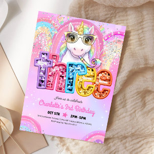 Invitación Cumpleaños 3 Unicornio de lentejuelas de arcoíris
