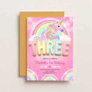 Invitación Cumpleaños 3 Unicornio de lentejuelas de arcoíris